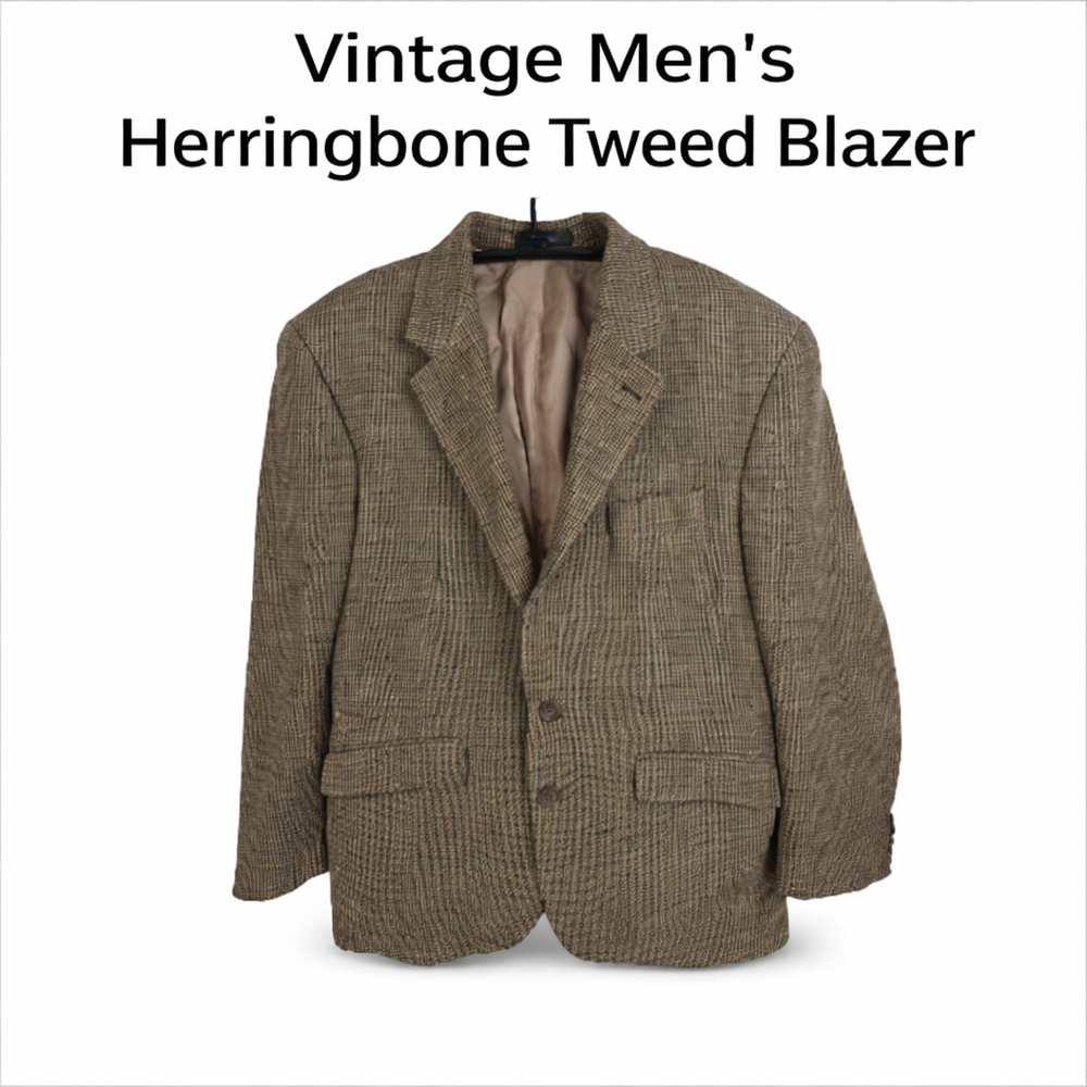 Vtg Lauren Ralph Lauren Mens Blazer Sz 42 L Beige 100% Wool Herringbone Tweed